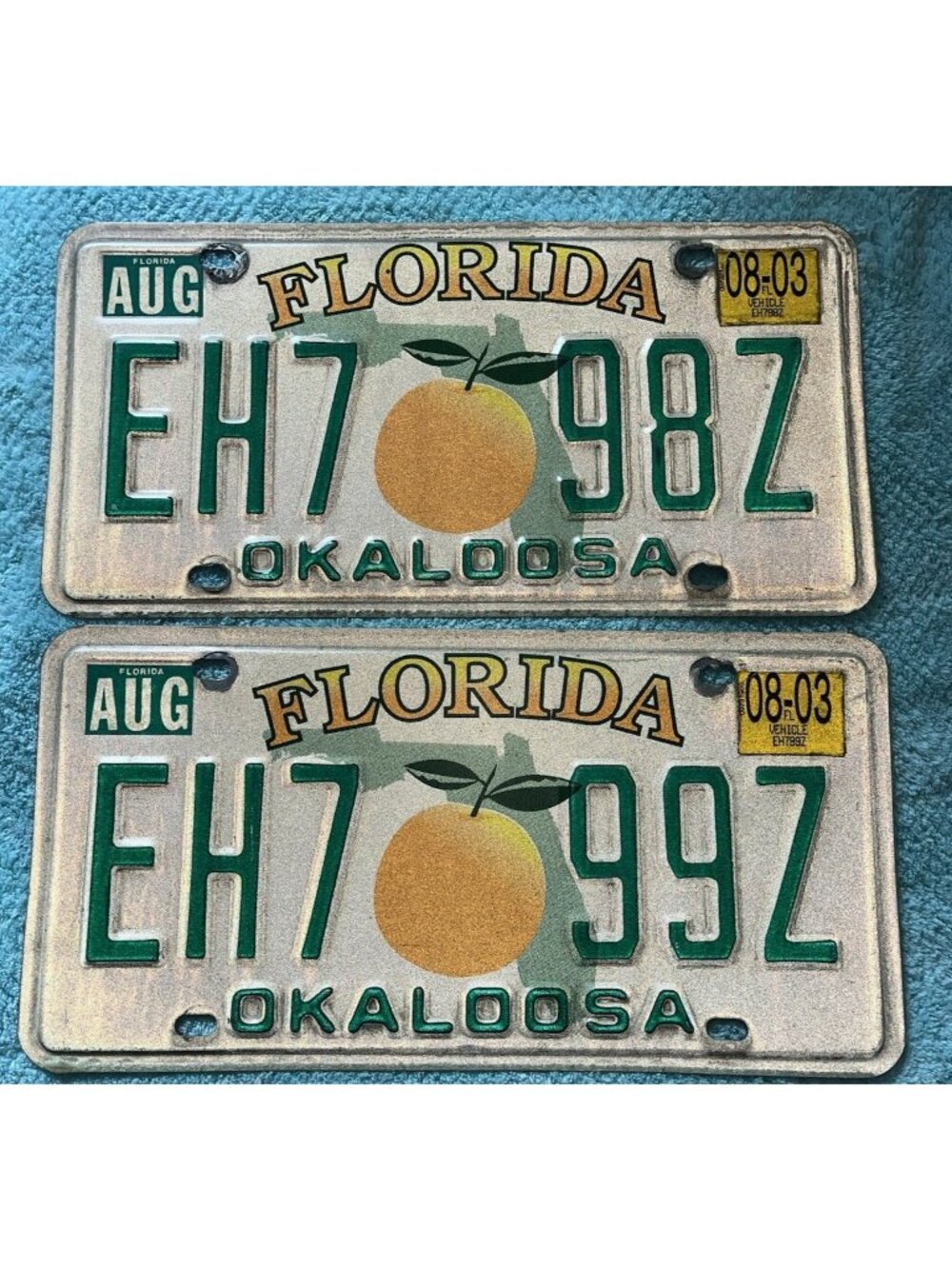 2 Florida License Plate Old Orange Graphic 2003 EH7 98Z and 99Z His Her Tags